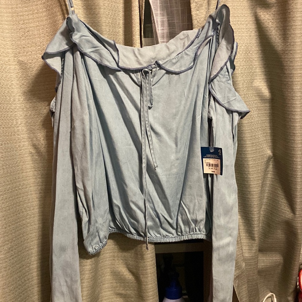 Light blue top off the shoulder